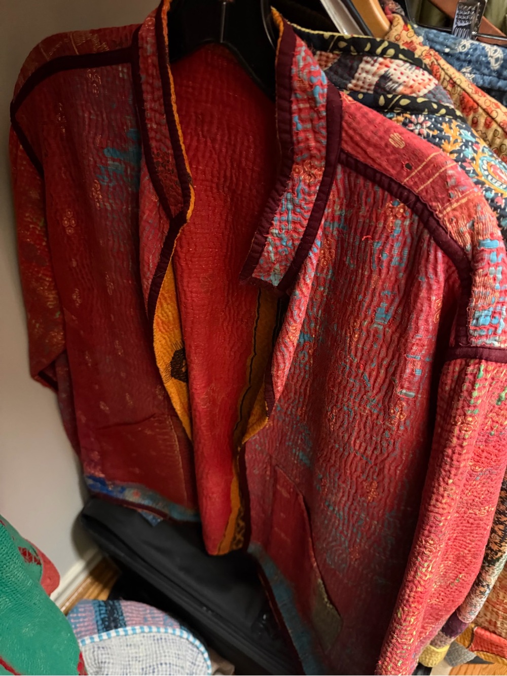 Sapeyka Bohemian Red Kantha-Style Quilted Jacket with Contrast Trim